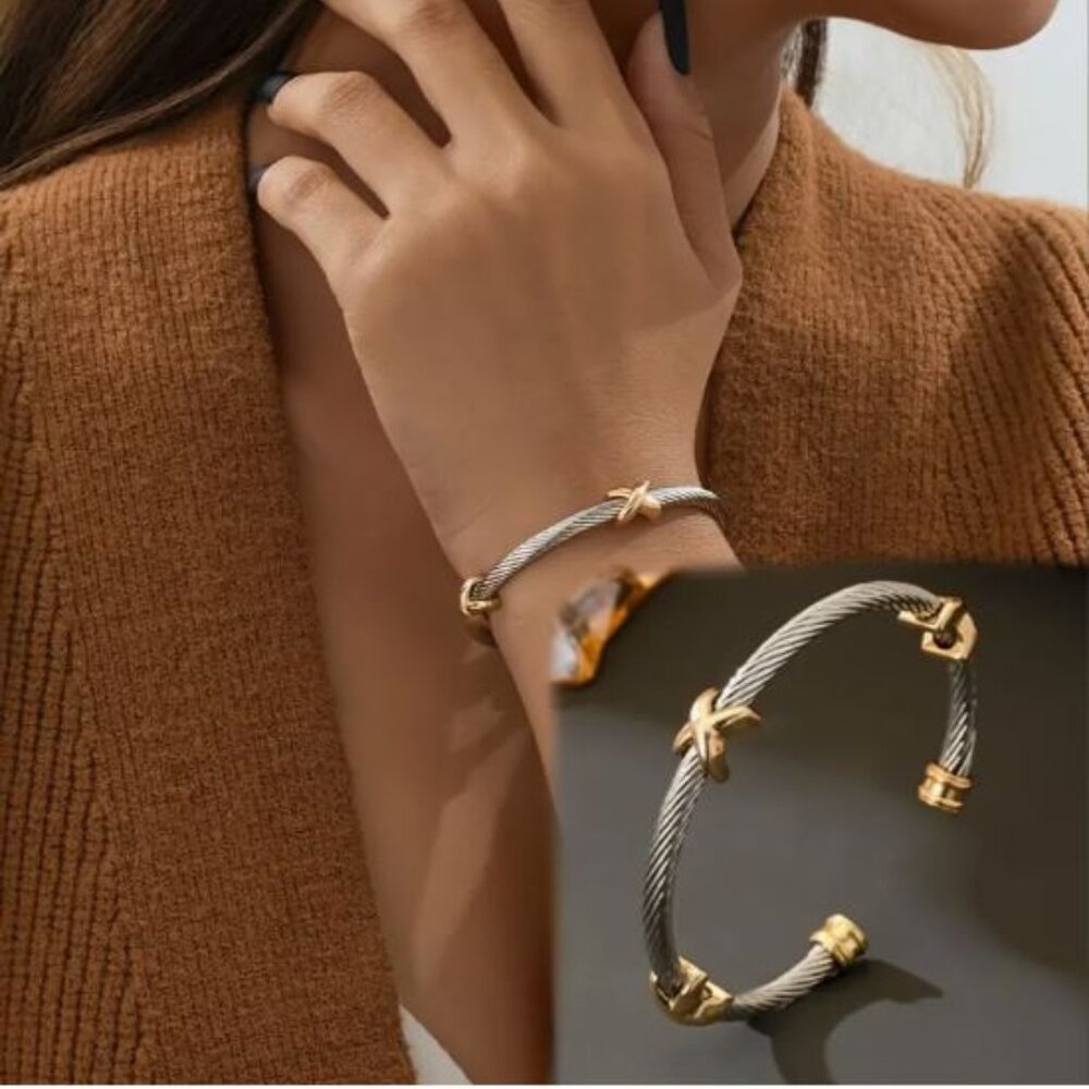 NEW Luxe Stainless Steel and Gold Cable Cuff Bracelet